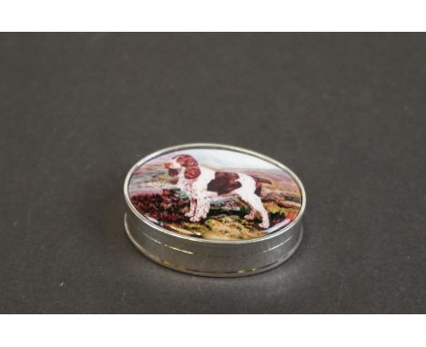 Silver pill box with enamel lid depicting a dog 