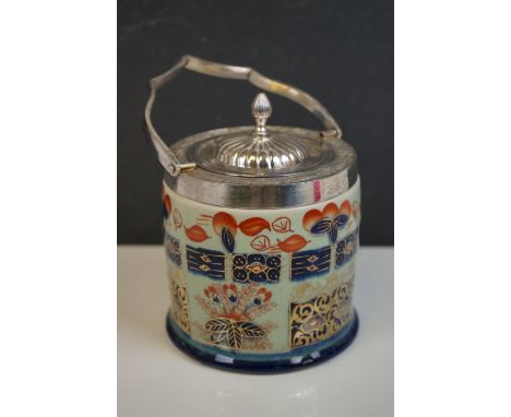 Ceramic ironstone red biscuit barrel with silver plated mounts 