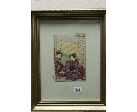 Signed Japanese woodblock portrait of two geishas in flamboyant gowns 