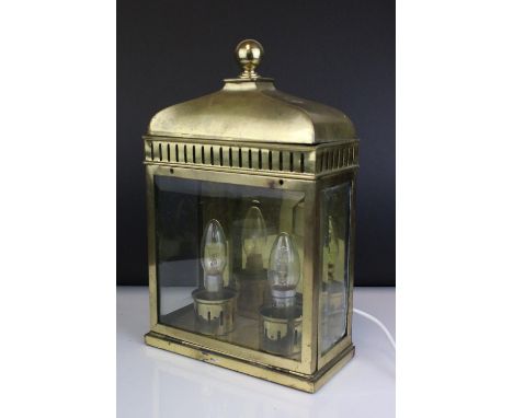 Regency style Brass Lantern with bevelled edge glass panels, the double oil burners converted to electric, 38cms high 