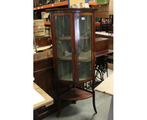 Edwardian Mahogany Inlaid Corner Box Fronted Display Cabinet with two glazed doors above an open shelf, 152cms high 