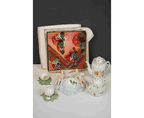 A Sitzendorf wall pocket with cherub Decoration, two floral wall pockets, a ceramic art pottery bowl &amp; coffee pot. 