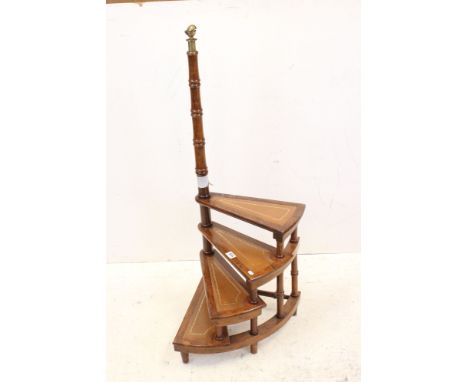 19th century style Hardwood Library Steps with spiralling leather inset treads and ring turned supports with brass finial, 11