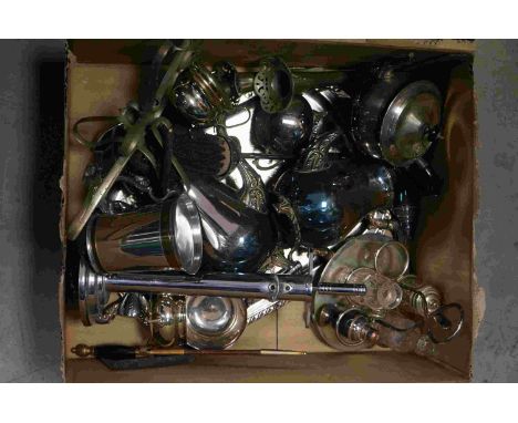 A large box of mixed silver plated items to include tea service, tray and cruet set etc 