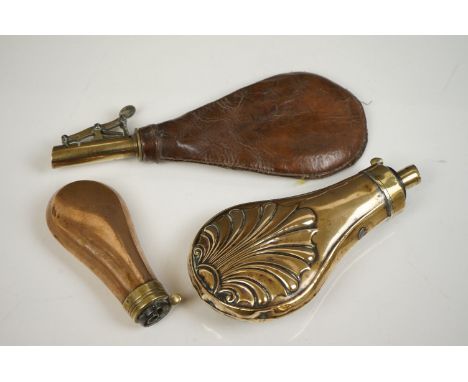 19th century Leather and Brass Powder / Shot Flask together with two others (both a/f) 