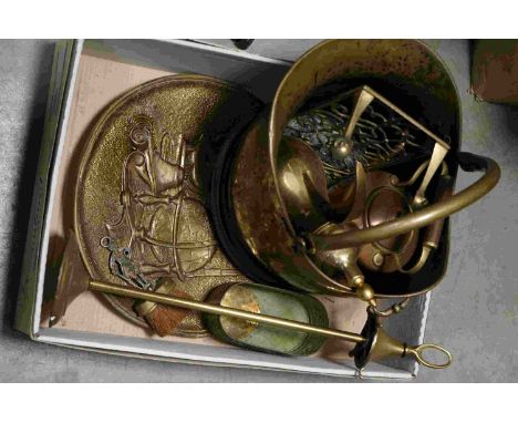 A mixed collection of brass and copper ware to include coal bucket and fireside tools, together with a coal scuttle 