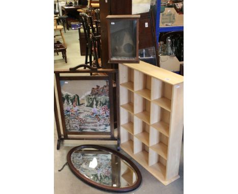 Mixed lot of furniture including Beech Pigeon Hole Shelf Unit, 83cms high x 67cms wide, Oval Mirror, Firescreen and a Small D