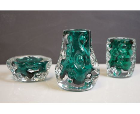 Three Liskeard Green Knobbly Glass Items including Two Vases and a Bowl, marked LG to base, largest 14cms high 