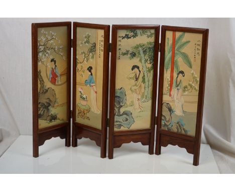 Japanese Table Top Four Fold Screen, the hardwood frame holding printed images of birds, flowers and figures, each section 37