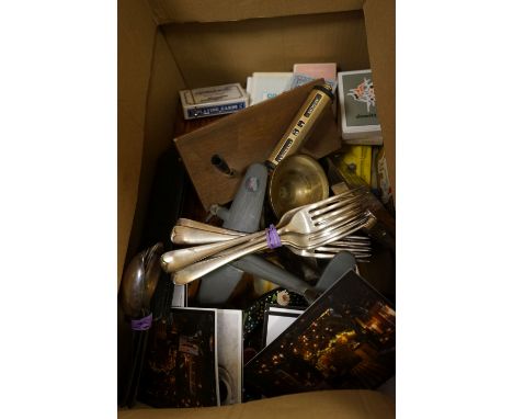 A box of mixed collectables to include playing cards, harmonica's, truncheon and silver plated cutlery. 