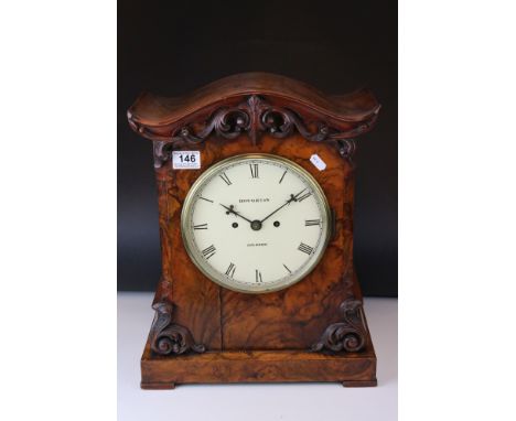Houghton Of Kilburn 19th century burr walnut cased bracket clock with twin fusee movement with scrolling decoration.