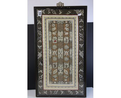 A framed and glazed silk and Oriental embroidered panel with floral and figurative decoration 65 x 35 cm. 
