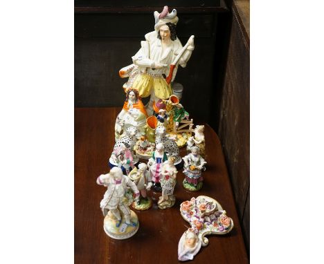 Antique Porcelain Wall Bracket, blue cross sword marks and a 19th century figure of a Dandy together with a group of continen