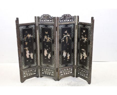 Japanese Hardwood Four Fold Screen, the lacquered panels set with Mother of Pearl Effect Figures and Birds (some damage), eac