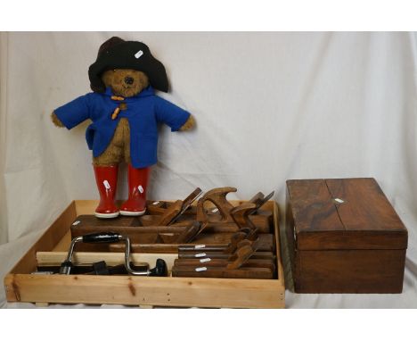 A box of mixed collectables to include Woodworking Planes and other  Carpentry Tools together with 19th century Rosewood sewi