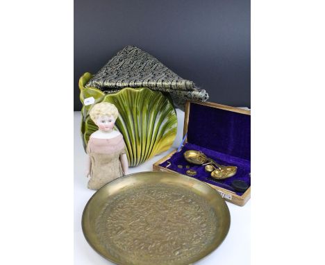 Mixed Lot including Continental Ault Pottery Planter in the form of Leaves, Late 19th / Early 20th century Ceramic Half Doll,