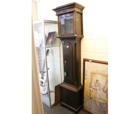 19th century Oak Longcase Clock Case, the square hood carved with the words ' Good Luck ', with key, 205cms high 