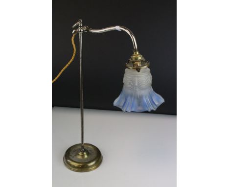 Early 20th century Table Light with Blue Tinted Frilled Glass Shade, 49cms high 