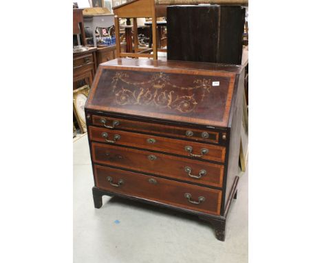 19th century Marquetry Inlaid Mahogany and Cross-banded Bureau, the drop front opening to reveal a fitted interior, four long