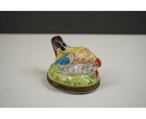 A 19th century enamel trinket box in the form of a Cockerel and Hen. 