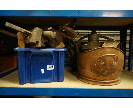 A collection of vintage wood working tools together with a copper coal bucket and a storm lantern. 