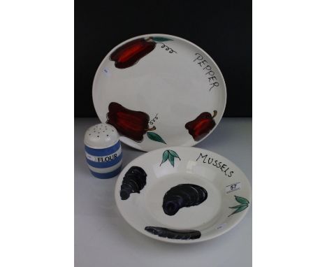 T G Green Cornishware Flour Sifter with green shield mark to base, together with Poole Pottery ' Mussels ' Bowl, 29cms diamet