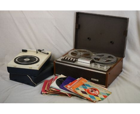 A vintage Phillips portable record player together with a Phillips reel to reel tape player and a selection of records.