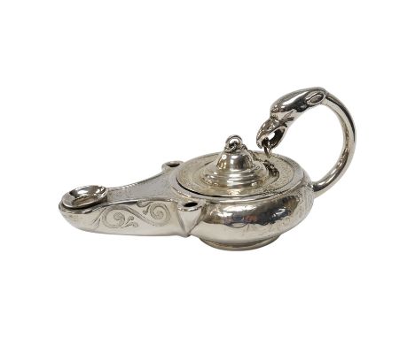 A Victorian silver combination inkwell and table lighter modelled as a lamp, by James Charles Edington, with glass well, no w