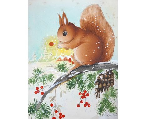 Willy Schermele (Illustrator, 1904-1995), nine original gouache and collages for Children's Christmas cards to include squirr