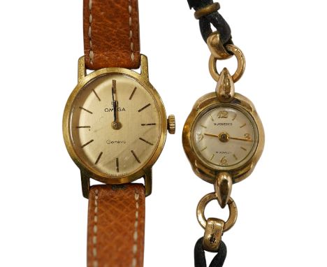 A lady's steel and gold plated Omega manual wind wrist watch, on an associated leather strap, together with a lady rolled gol