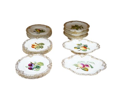 A late 19th century Worcester dessert service hand painted with fruit, largest 30cm wide. Condition - mostly good. Three circ