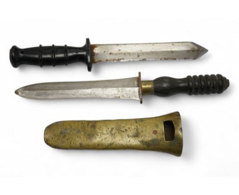 A Siebe Gorman &amp; Co diving knife, regulation blade, turned wooden handle, brass cross piece with brass sheath, poor condi