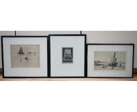 Frank Henry Mason (1875-1965) etching, Fishing smocks at sea, signed lower left, 18 x 22.5cm and two other etchings. Conditio