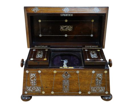 A Victorian rosewood and mother-of-pearl inlaid sarcophagus tea caddy, 39cm wide. Condition - fair Top with small section of 