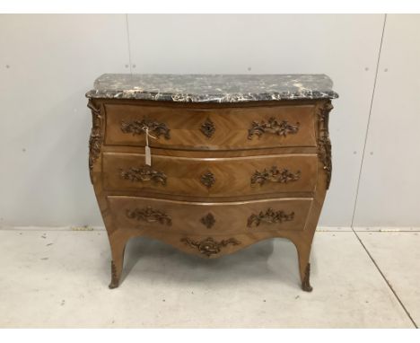 A Louis XV style gilt metal mounted marble top bombe commode, width 105cm, depth 49cm, height 89cm. Condition - fair