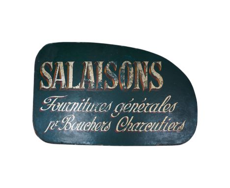 A vintage French 'Salaisons Fournitures générales Bouchers Charcutiers’ sign, 66cm wide. Condition - fair