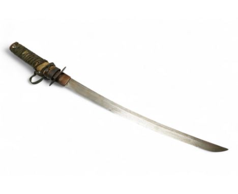 A Japanese sword wakizashi blade 42.8cm signed, iron tsuba, tape bound tsuka, no scabbard. Condition - fair. * Due to new saf