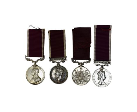 Four Army Long Service and Good Conduct medals; Vict to 21579 Gunr A.Milln. R.A.; GV to 1404425 B.Q.M.Sjt. W.A.Price R.A.; GV