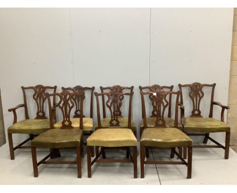A set of eight reproduction Chippendale style mahogany dining chairs with green leather seats, two with arms. Condition - fai