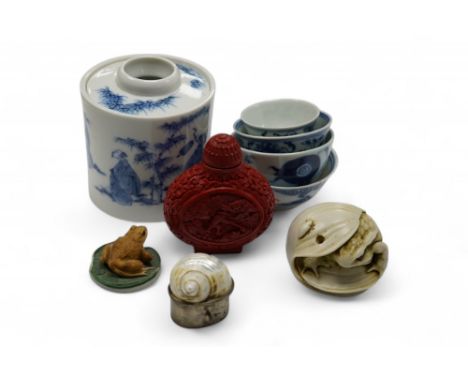 A Japanese blue and white seven sages of the bamboo grove joss-stick holder, 9.5cm high, four Chinese blue and white bowls, 1