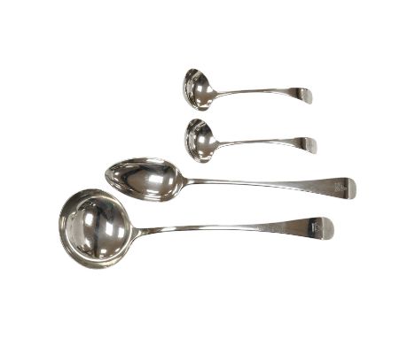 An Edwardian silver Old English pattern soup ladle, basting spoon and pair of sauce ladles, by Martin, Hall &amp; Co, Sheffie