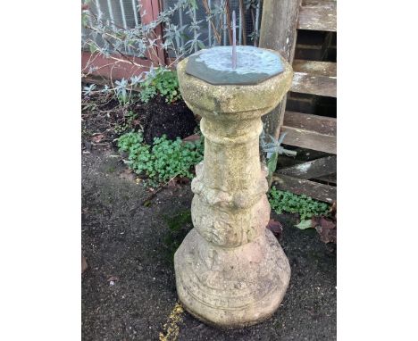 A reconstituted stone sundial, with bronze dial and gnomon, height 86cm. Condition - fair