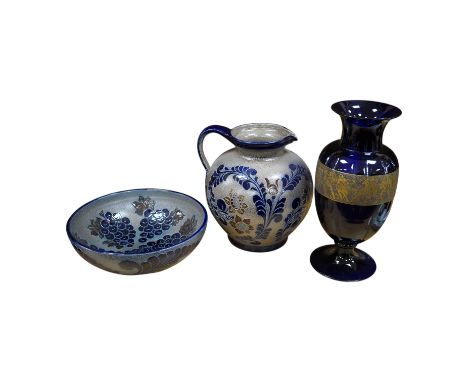 A signed Moser gilt glass vase, early 20th century together with a German salt glazed jug and bowl, tallest 34cm. Condition -