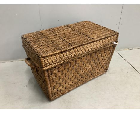 A vintage wicker laundry basket, width 93cm, depth 58cm, height 58cm. Condition - fair