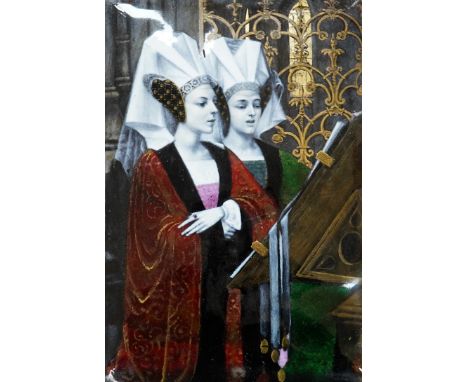 A framed French figural enamel plaque of a religious Renaissance scene of two ladies singing, plaque 19cm x 28cm. Condition -