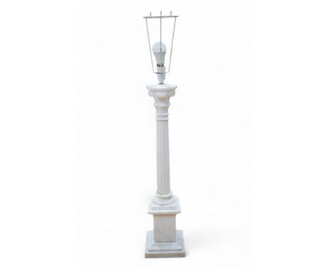 A large white marble Corinthian column table lamp, 80cm high. Condition - small section broken and the reglued to stem