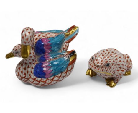 Two porcelain Herend red scale animal figures comprising a duck group and a toad, largest 11cm wide. Condition - good