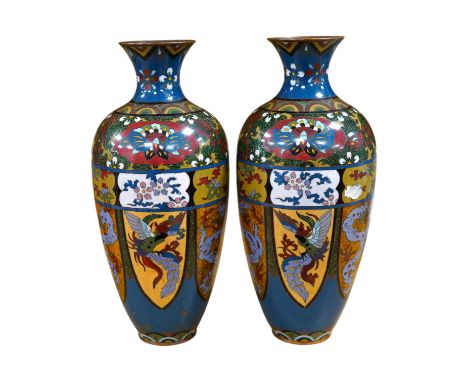 A pair of Japanese cloisonné enamel vases, early 20th century, 30cm high. Condition - one fair to good, one with impact damag