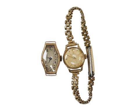 A lady's 1930's? 9ct gold manual wind wrist watch, no strap and 9ct gold Omega manual wind wrist watch on a gold plated brace
