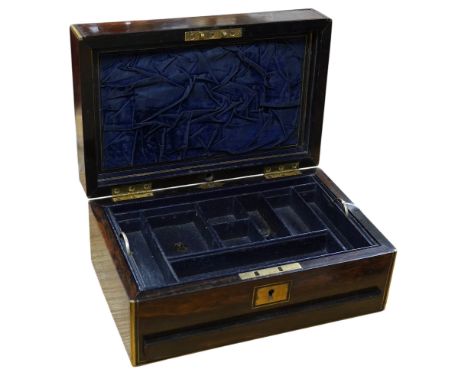 A Victorian brass bound coromandel wood jewellery casket, with velvet lined lid, a fitted leather and velvet top compartment 